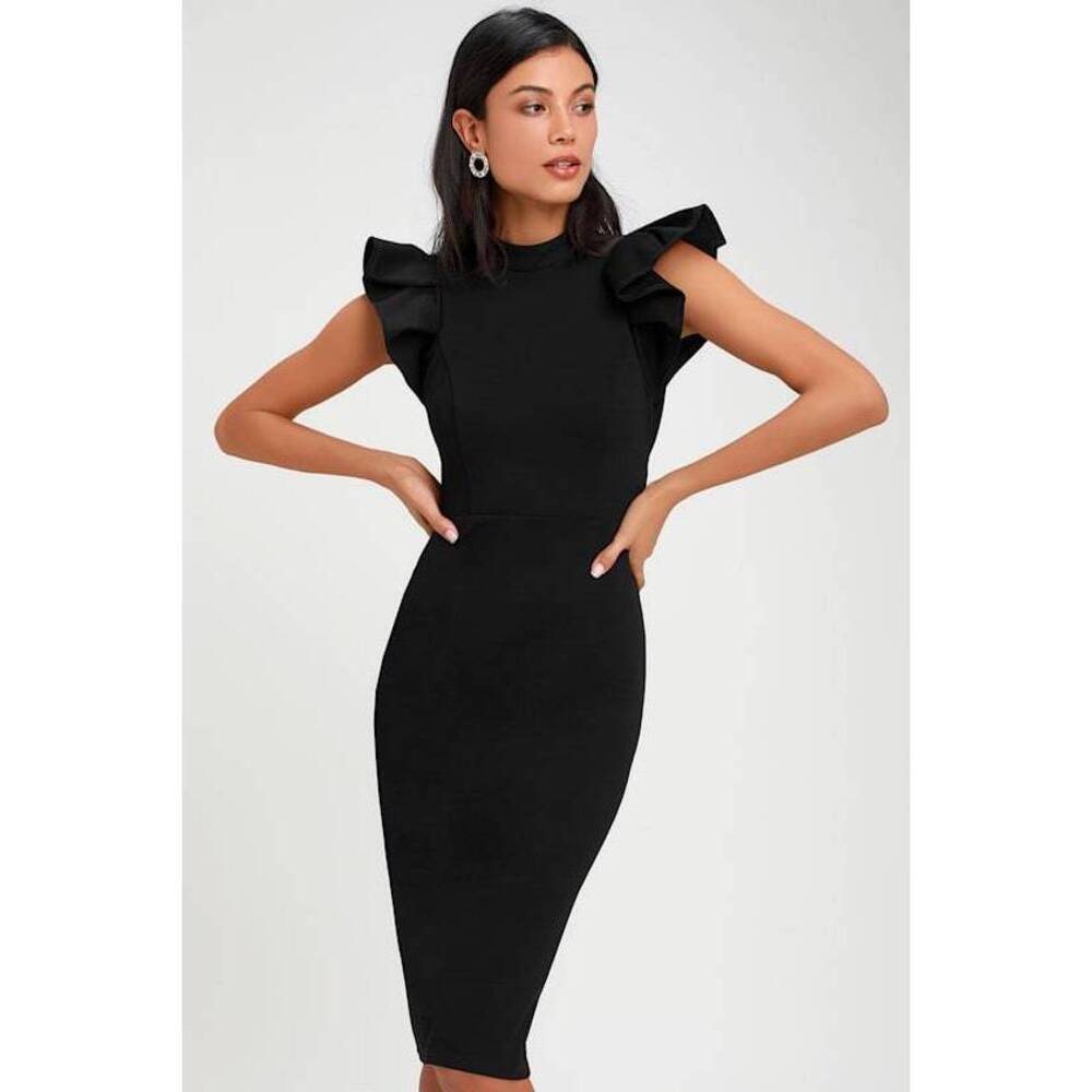 Lulus Stylish Splendor Black Backless Ruffle Bodycon Midi Dress - Size S